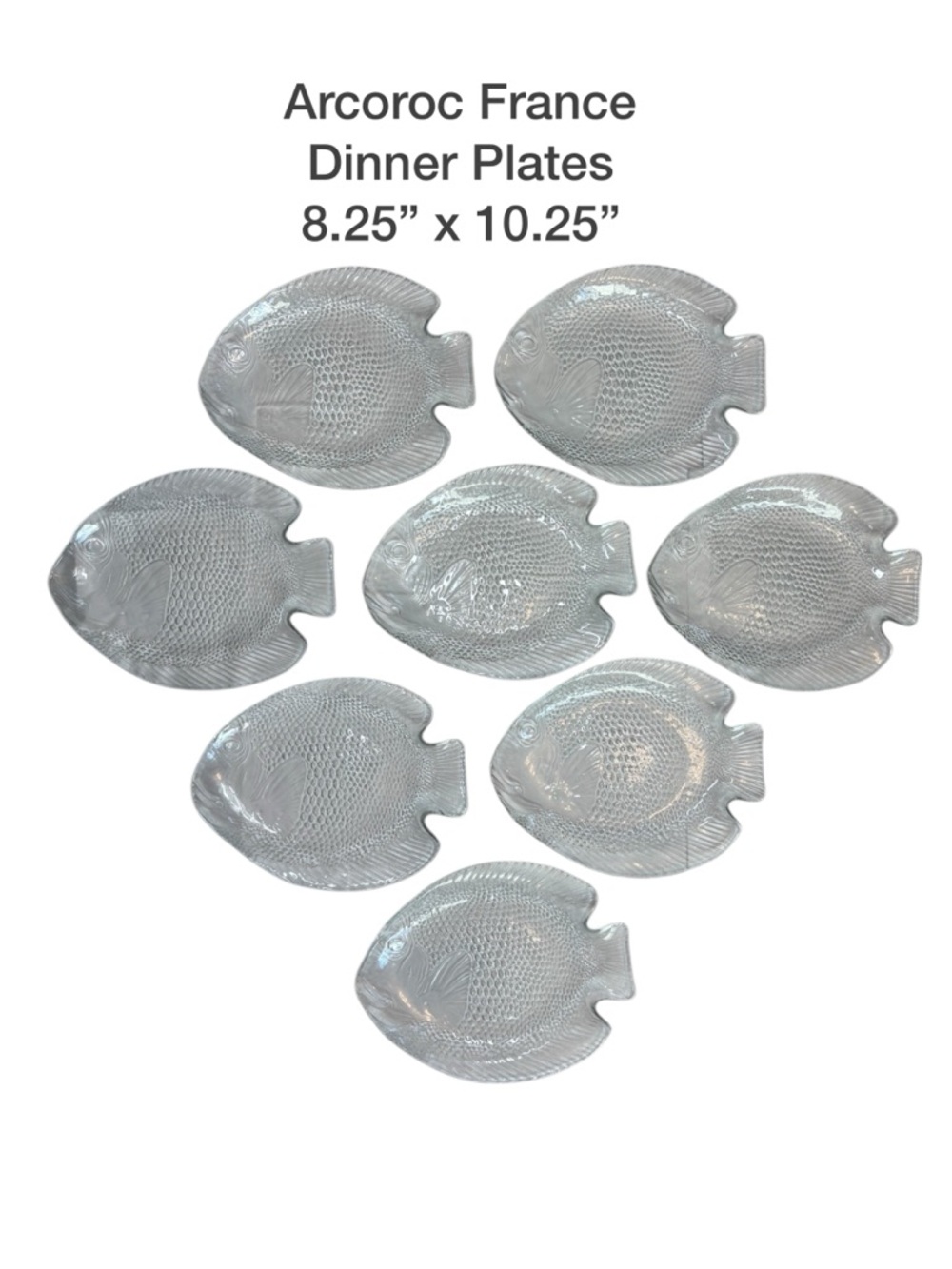Arcoroc France Fish-Shaped Clear Glass Dinner Plates - Set of 8